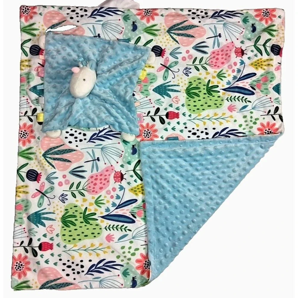 Minky Dot Floral Baby Girl Blanket And Matching Unicorn Security Lovey Blue Soft